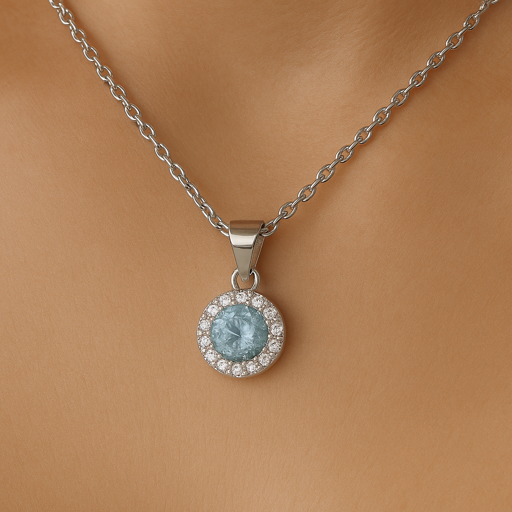 Collana in Argento 925 con Pendente Acquamarina e Zirconi